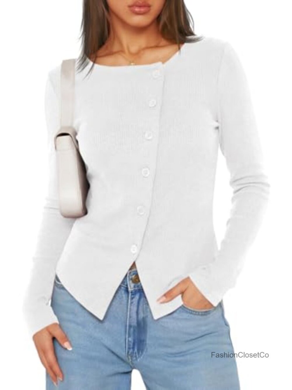 Women's Long Sleeve Asymmetrical Ribbed Button Down Shirt